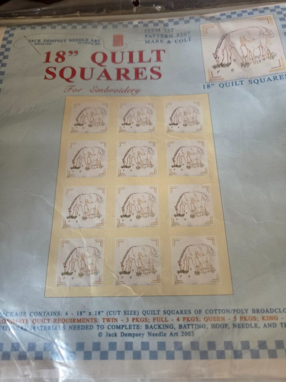 Jack Dempsy Stamped Embroidery Horse and Mare Quilt Blocks and Pillow Tops